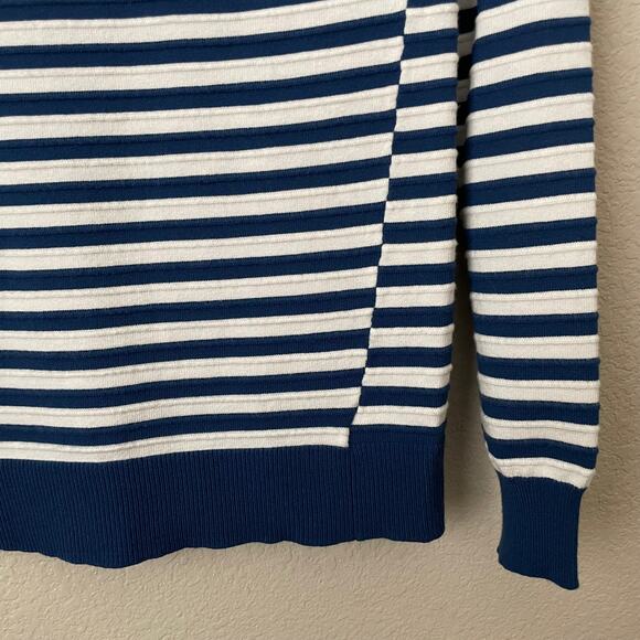Theory Sweater Womens Small White Blue Striped Crewneck Cotton Knit Preppy - Picture 6 of 11
